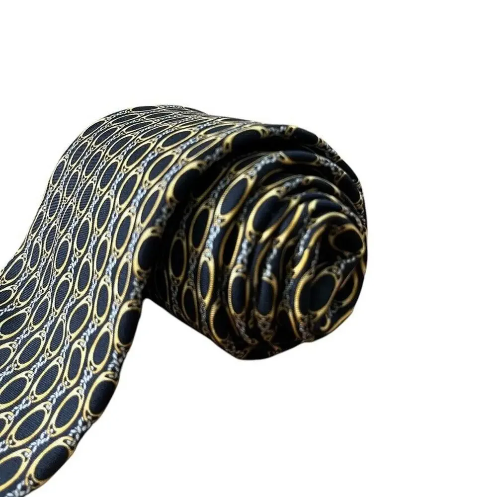 Brooks Brothers Makers Mens All Silk Chain Print Black Gold Neck Tie Necktie 3.5